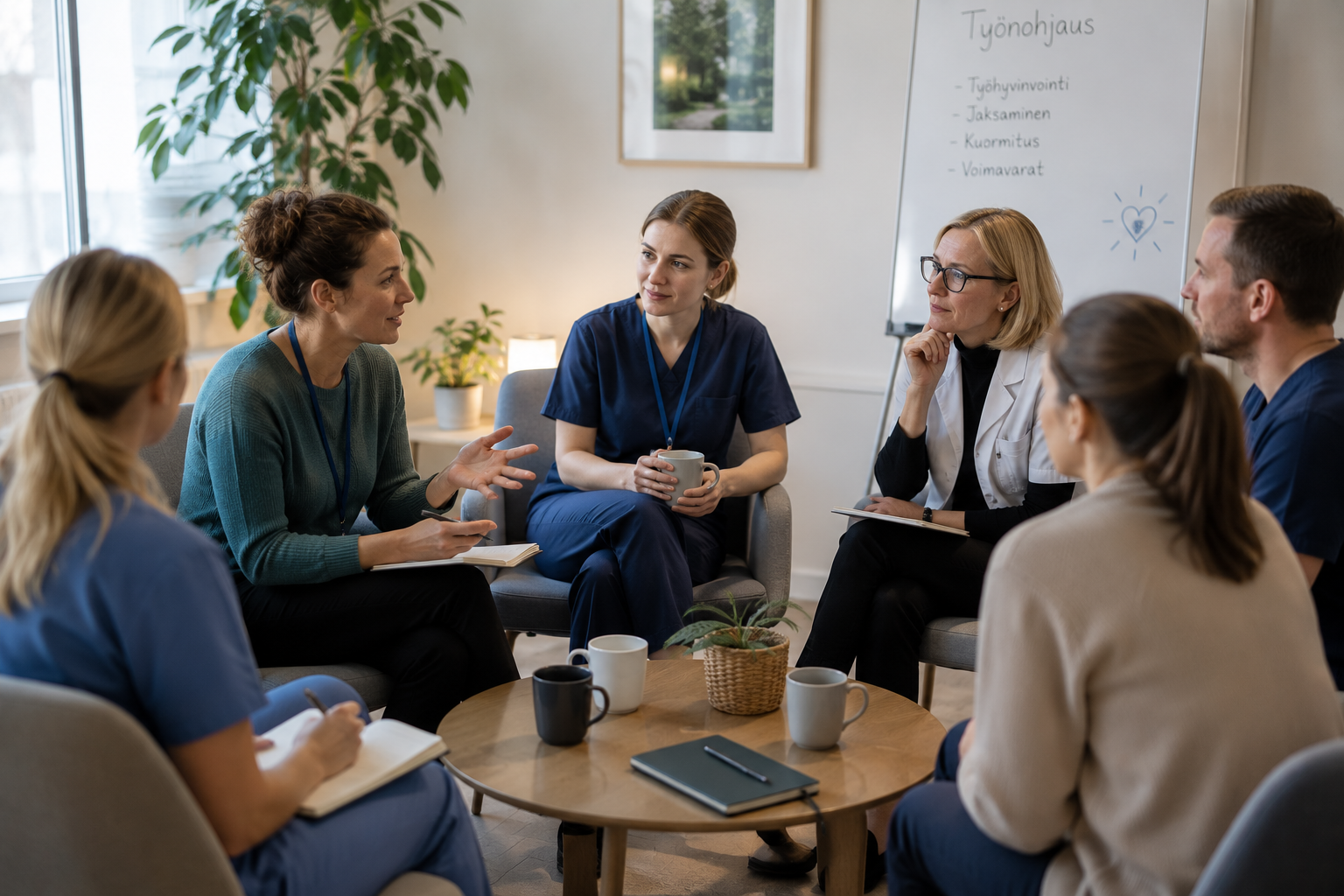 Sote-alan ammattilaiset osallistuvat työnohjaukseen ja keskustelevat työhyvinvoinnista, työkuormasta ja työn haasteista turvallisessa ryhmätilanteessa.